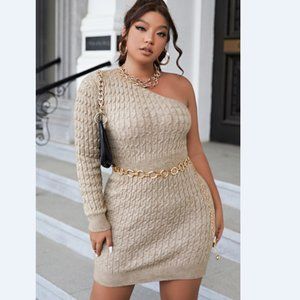 Plus Size Cable-Knit One-Shoulder Sweater Dress